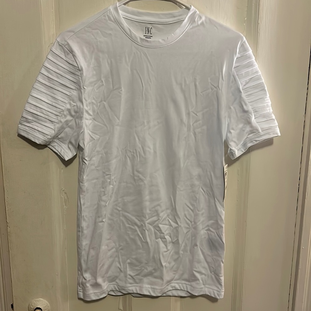 INC white tee with ribbed sleeves